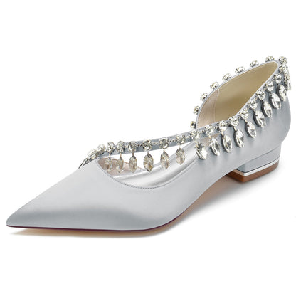 Chaussures de Mariage à Talon Plat et Bout Fermé En Satin de Soie pour Femmes avec Pompon En Strass