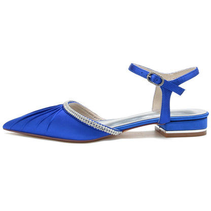 Chaussures de Mariage à Talon Plat En Satin de Soie pour Femmes avec Bride à la Cheville et Bout Fermé et Strass