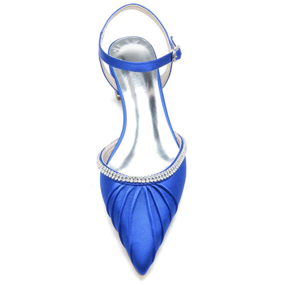 Chaussures de Mariage à Talon Plat En Satin de Soie pour Femmes avec Bride à la Cheville et Bout Fermé et Strass