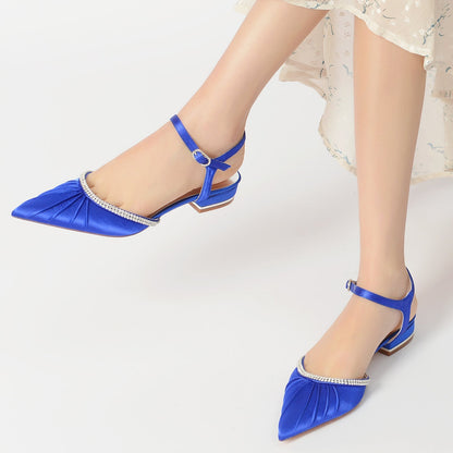 Chaussures de Mariage à Talon Plat En Satin de Soie pour Femmes avec Bride à la Cheville et Bout Fermé et Strass