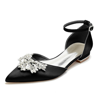 Chaussures de Soirée à Talon Plat et Bout Fermé En Satin de Soie pour Femmes avec Bride à la Cheville et Strass