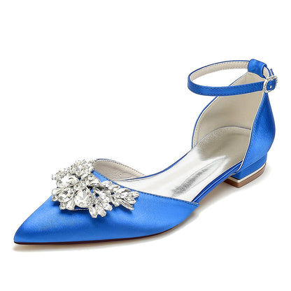 Chaussures de Soirée à Talon Plat et Bout Fermé En Satin de Soie pour Femmes avec Bride à la Cheville et Strass
