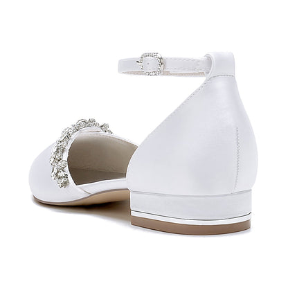 Chaussures de Soirée à Talon Plat et Bout Fermé En Satin de Soie pour Femmes avec Bride à la Cheville et Strass