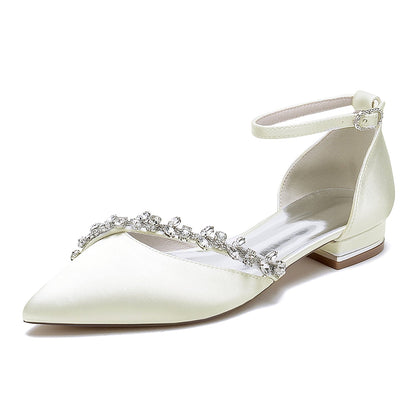 Chaussures de Soirée à Talon Plat et Bout Fermé En Satin de Soie pour Femmes avec Bride à la Cheville et Strass