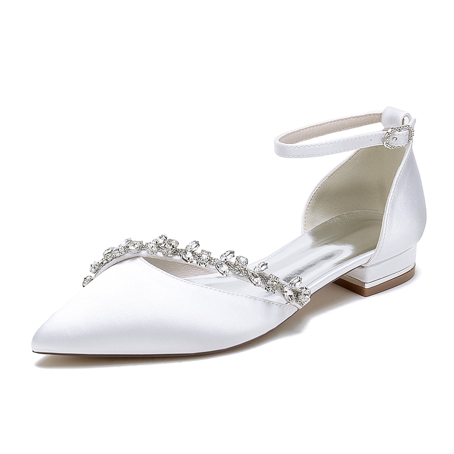 Chaussures de Soirée à Talon Plat et Bout Fermé En Satin de Soie pour Femmes avec Bride à la Cheville et Strass