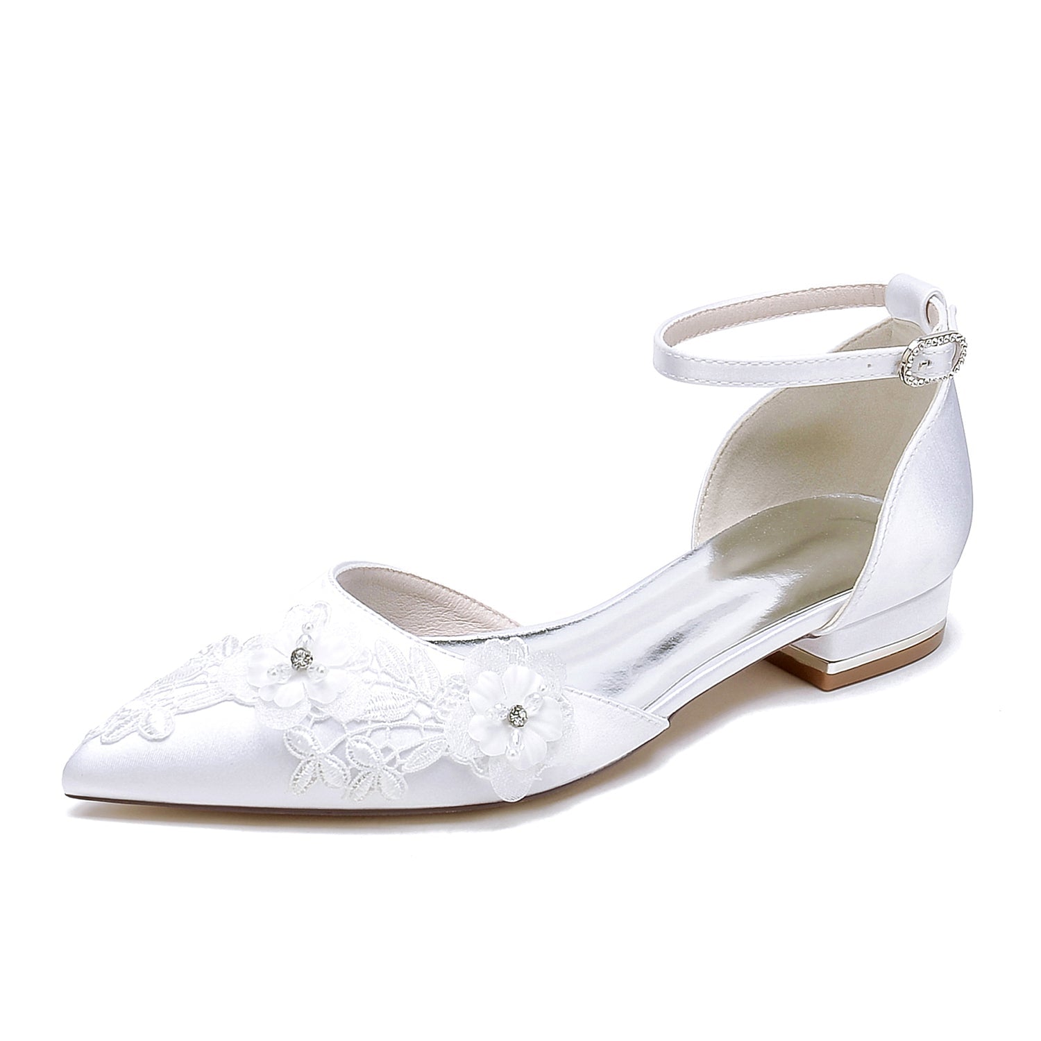 Chaussures de Mariage à Talon Plat et Bout Fermé En Satin de Soie pour Femmes avec Bride à la Cheville