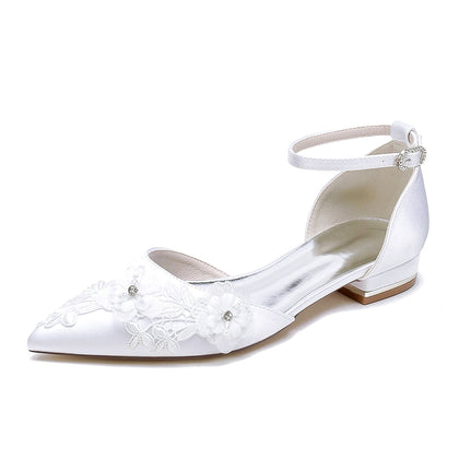 Chaussures de Mariage à Talon Plat et Bout Fermé En Satin de Soie pour Femmes avec Bride à la Cheville
