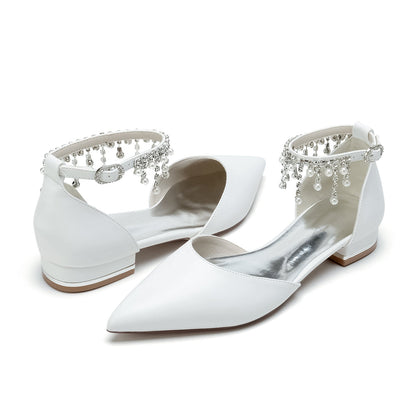 Chaussures de Soirée à Talon Plat et Bout Fermé En Pu pour Femmes avec Bride à la Cheville et Pompon En Perles