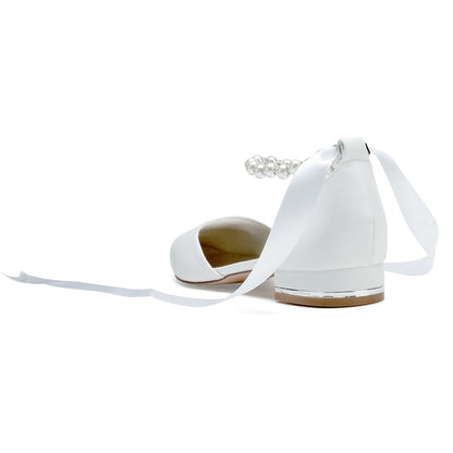 Chaussures de Mariage à Talon Plat et Bout Fermé En Pu pour Femmes avec Bride à la Cheville et Perles