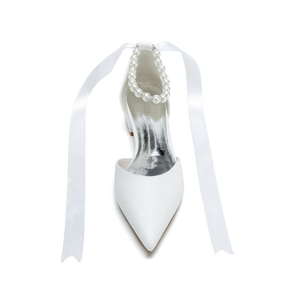 Chaussures de Mariage à Talon Plat et Bout Fermé En Pu pour Femmes avec Bride à la Cheville et Perles