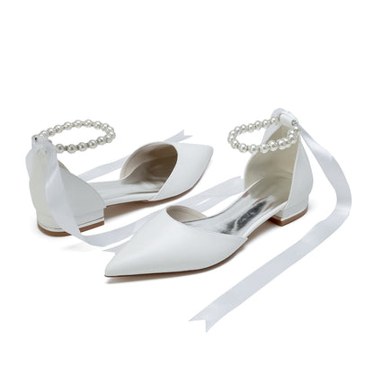 Chaussures de Mariage à Talon Plat et Bout Fermé En Pu pour Femmes avec Bride à la Cheville et Perles