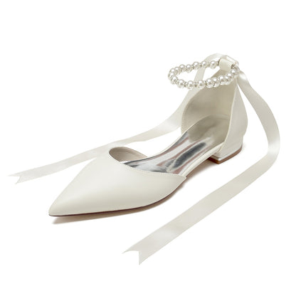 Chaussures de Mariage à Talon Plat et Bout Fermé En Pu pour Femmes avec Bride à la Cheville et Perles