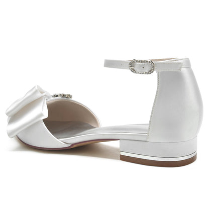 Chaussures de Mariage à Talon Plat et Bout Fermé En Satin de Soie et Strass pour Femmes