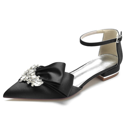Chaussures de Mariage à Talon Plat et Bout Fermé En Satin de Soie et Strass pour Femmes