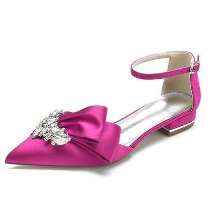 Chaussures de Mariage à Talon Plat et Bout Fermé En Satin de Soie et Strass pour Femmes