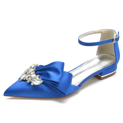 Chaussures de Mariage à Talon Plat et Bout Fermé En Satin de Soie et Strass pour Femmes