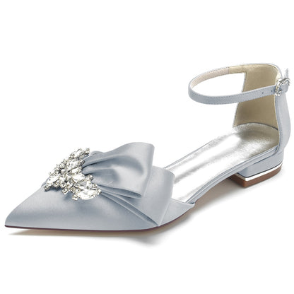 Chaussures de Mariage à Talon Plat et Bout Fermé En Satin de Soie et Strass pour Femmes