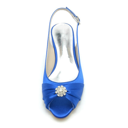 Chaussures de Soirée à Talon Plat et Bout Fermé En Satin de Soie pour Femmes avec Strass et Fleurs