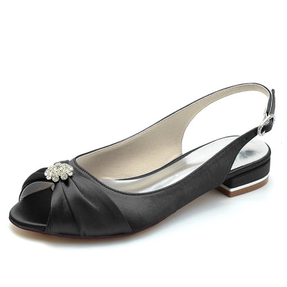 Chaussures de Soirée à Talon Plat et Bout Fermé En Satin de Soie pour Femmes avec Strass et Fleurs