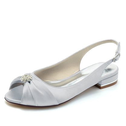 Chaussures de Soirée à Talon Plat et Bout Fermé En Satin de Soie pour Femmes avec Strass et Fleurs