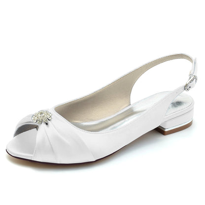 Chaussures de Soirée à Talon Plat et Bout Fermé En Satin de Soie pour Femmes avec Strass et Fleurs