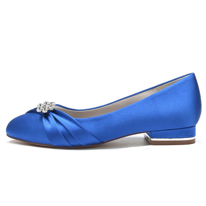 Chaussures de Soirée à Talon Plat et Bout Fermé En Satin de Soie pour Femmes avec Perles et Strass