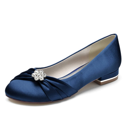 Chaussures de Soirée à Talon Plat et Bout Fermé En Satin de Soie pour Femmes avec Perles et Strass