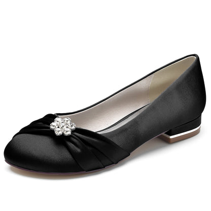 Chaussures de Soirée à Talon Plat et Bout Fermé En Satin de Soie pour Femmes avec Perles et Strass