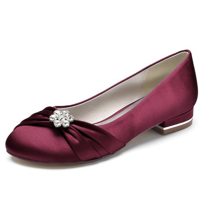 Chaussures de Soirée à Talon Plat et Bout Fermé En Satin de Soie pour Femmes avec Perles et Strass