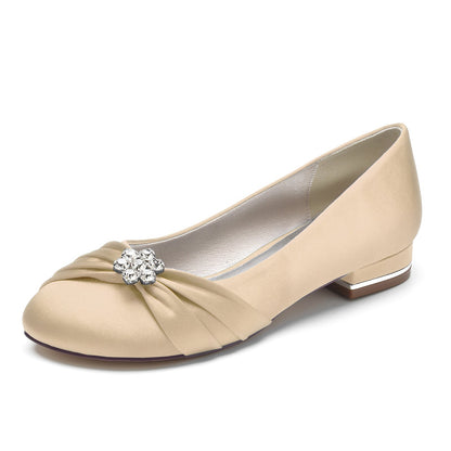 Chaussures de Soirée à Talon Plat et Bout Fermé En Satin de Soie pour Femmes avec Perles et Strass