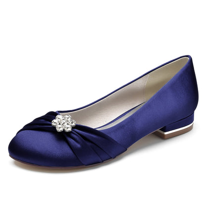Chaussures de Soirée à Talon Plat et Bout Fermé En Satin de Soie pour Femmes avec Perles et Strass
