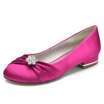 Chaussures de Soirée à Talon Plat et Bout Fermé En Satin de Soie pour Femmes avec Perles et Strass