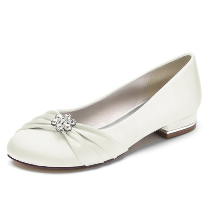 Chaussures de Soirée à Talon Plat et Bout Fermé En Satin de Soie pour Femmes avec Perles et Strass