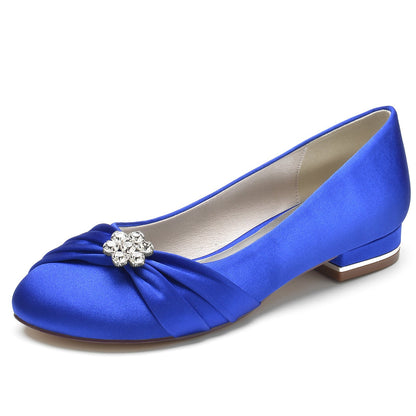 Chaussures de Soirée à Talon Plat et Bout Fermé En Satin de Soie pour Femmes avec Perles et Strass