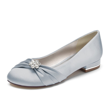 Chaussures de Soirée à Talon Plat et Bout Fermé En Satin de Soie pour Femmes avec Perles et Strass