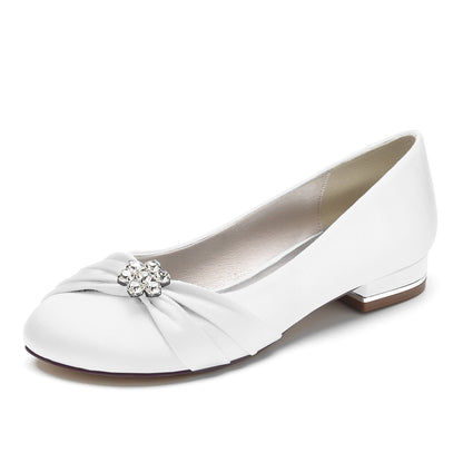 Chaussures de Soirée à Talon Plat et Bout Fermé En Satin de Soie pour Femmes avec Perles et Strass
