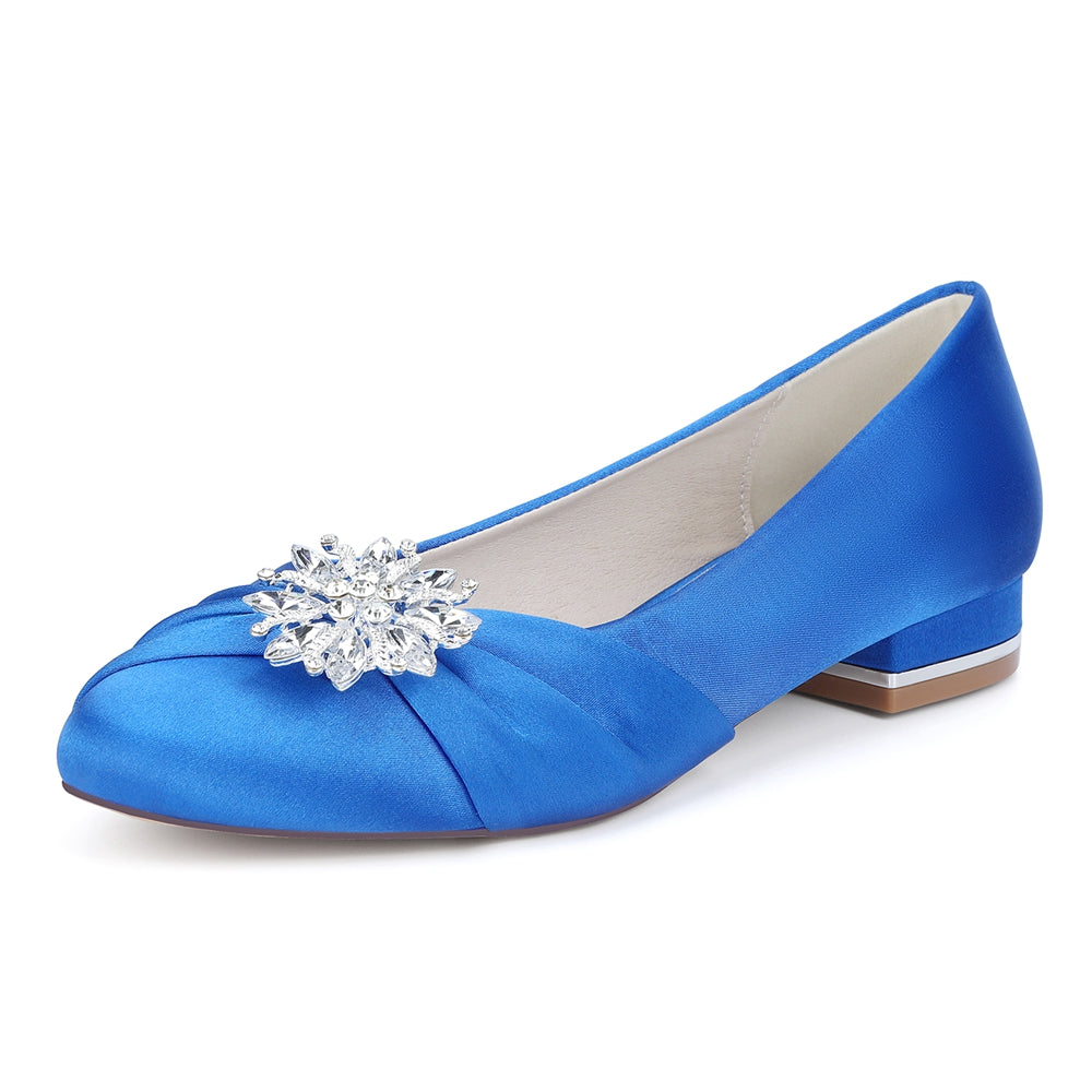 Chaussures de Soirée à Talon Plat et Bout Fermé en Satin de Soie et Strass Pour Femme