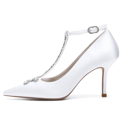 Chaussures de Mariage à Talon Aiguille et Bout Fermé En Satin de Soie avec Bride à la Cheville pour Femmes