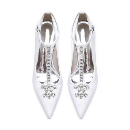 Chaussures de Mariage à Talon Aiguille et Bout Fermé En Satin de Soie avec Bride à la Cheville pour Femmes