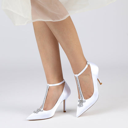 Chaussures de Mariage à Talon Aiguille et Bout Fermé En Satin de Soie avec Bride à la Cheville pour Femmes