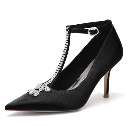 Chaussures de Mariage à Talon Aiguille et Bout Fermé En Satin de Soie avec Bride à la Cheville pour Femmes