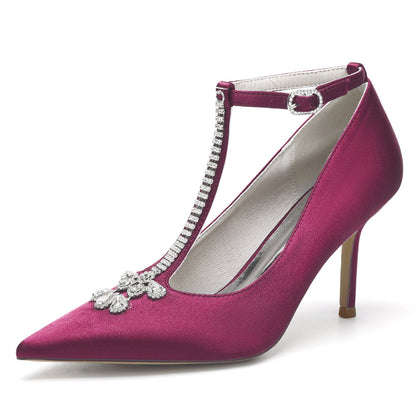 Chaussures de Mariage à Talon Aiguille et Bout Fermé En Satin de Soie avec Bride à la Cheville pour Femmes
