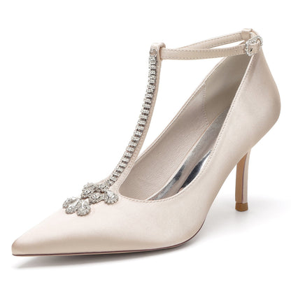 Chaussures de Mariage à Talon Aiguille et Bout Fermé En Satin de Soie avec Bride à la Cheville pour Femmes
