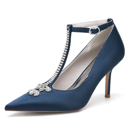 Chaussures de Mariage à Talon Aiguille et Bout Fermé En Satin de Soie avec Bride à la Cheville pour Femmes