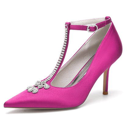 Chaussures de Mariage à Talon Aiguille et Bout Fermé En Satin de Soie avec Bride à la Cheville pour Femmes