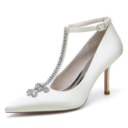 Chaussures de Mariage à Talon Aiguille et Bout Fermé En Satin de Soie avec Bride à la Cheville pour Femmes