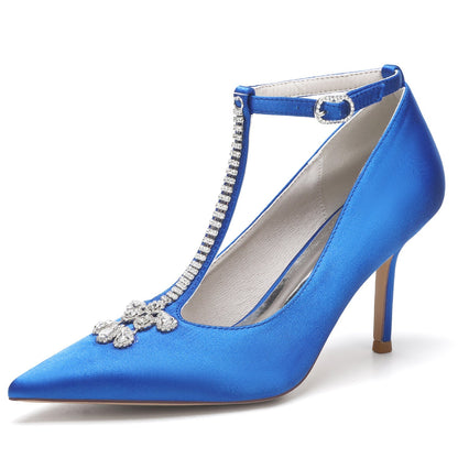 Chaussures de Mariage à Talon Aiguille et Bout Fermé En Satin de Soie avec Bride à la Cheville pour Femmes