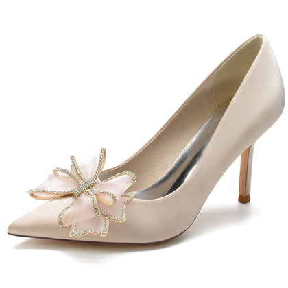 Chaussures de Mariage à Talon Aiguille et Bout Fermé En Satin de Soie pour Femmes avec Nœud Papillon