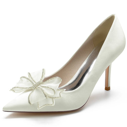 Chaussures de Mariage à Talon Aiguille et Bout Fermé En Satin de Soie pour Femmes avec Nœud Papillon