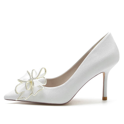 Chaussures de Soirée à Talon Aiguille et Bout Fermé En Paillettes Extensibles pour Femmes avec Nœud